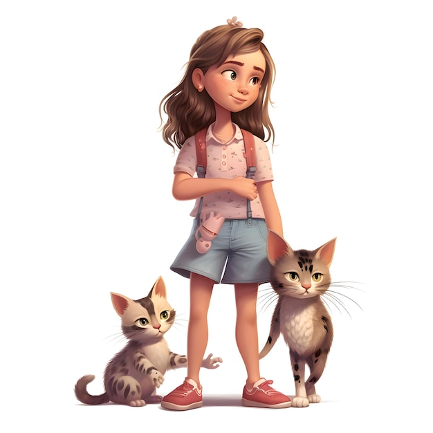 Little girl with cats3D renderingisolated on white background