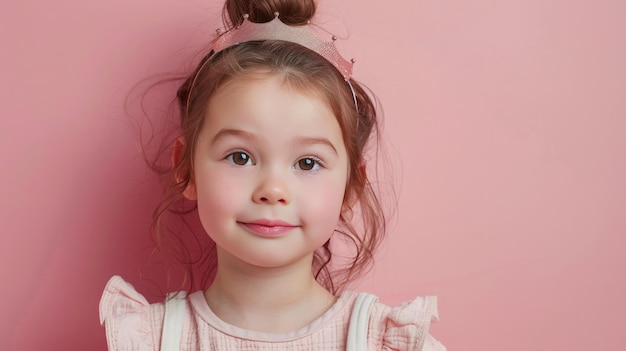 Little girl with a crown on his head on pastel pink background