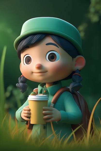 A little girl with a cup of coffee is sitting in the grass.