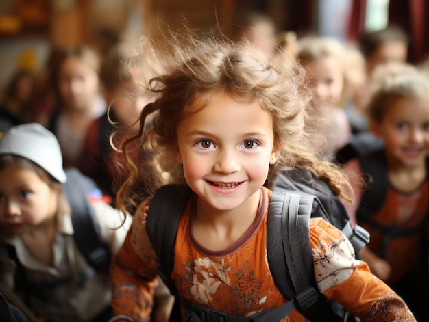 Little girl with curly hair on background of school children going to school Generative AI