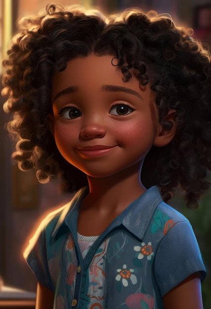 A little girl with curly hair and a blue shirt