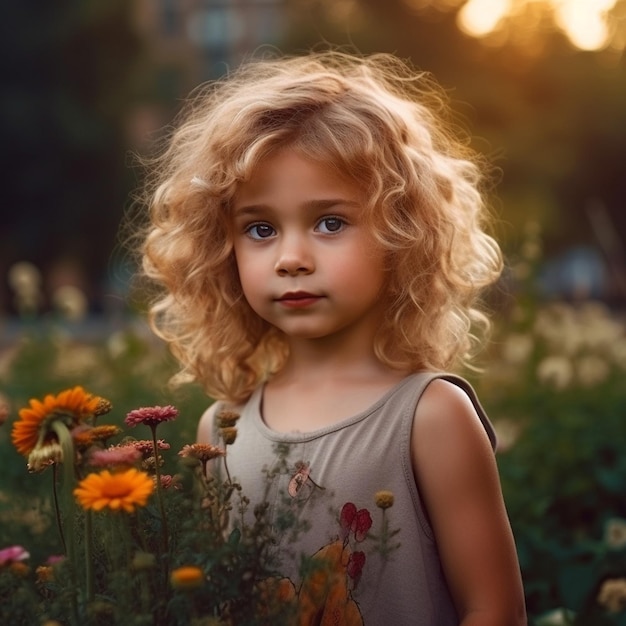 a little girl with curly hair in a field of flowers