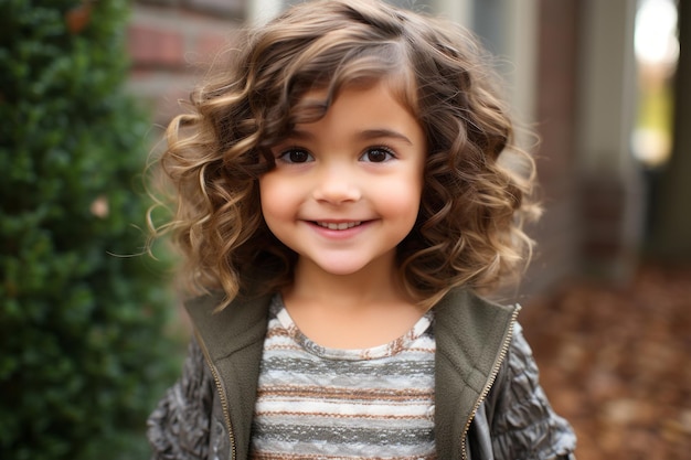 a little girl with curly hair is smiling for the camera