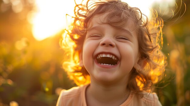 Photo little girl with curly hair laughs joyfully in warm sunlight