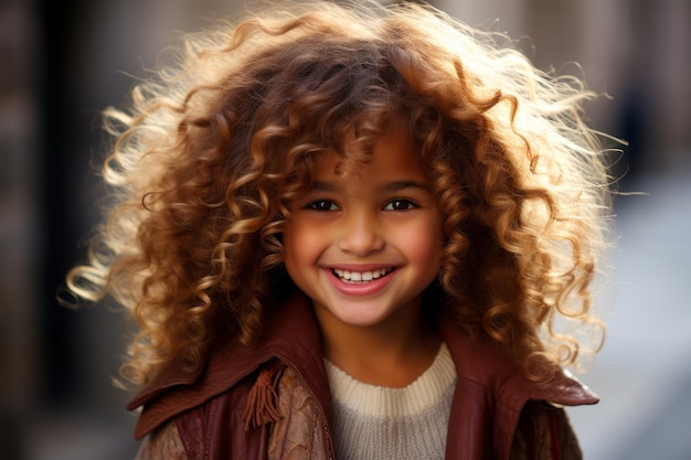 a little girl with curly hair smiles for the camera