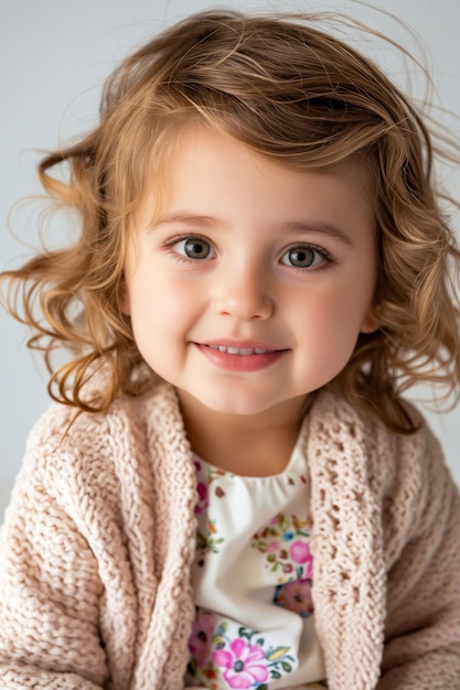 A little girl with curly hair smiles at the camera