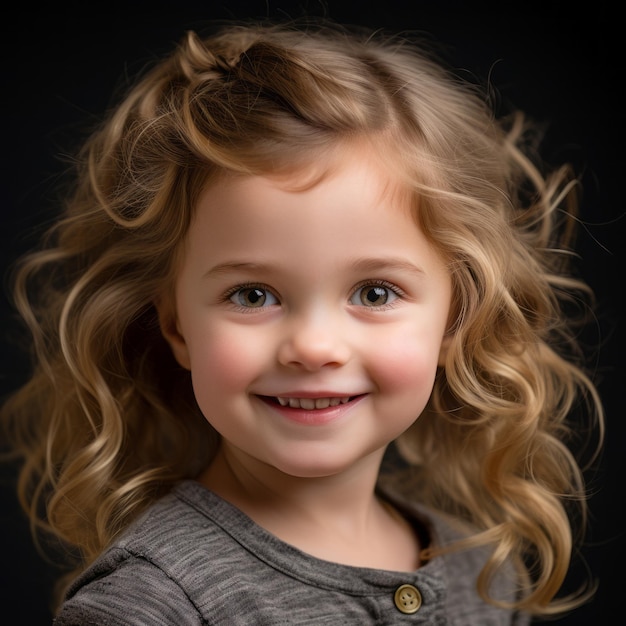 a little girl with curly hair smiling at the camera