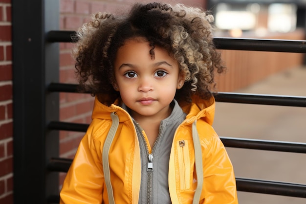 a little girl with curly hair wearing a yellow jacket