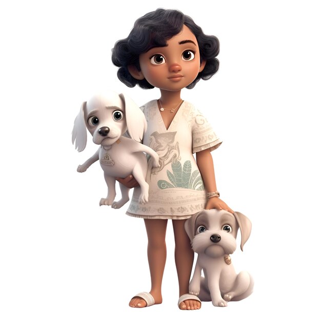 Little girl with dog on white background3d rendering Computer digital drawing