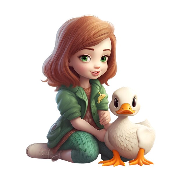 Little girl with duck on a white background 3D rendering