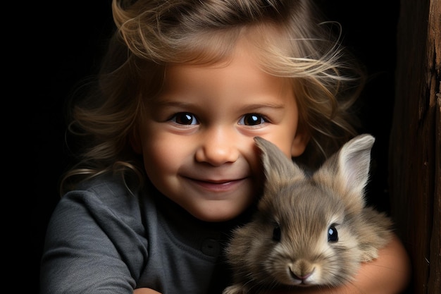 Little girl with easter bunny on dark adorable minimalistic holiday concept for easter celebration