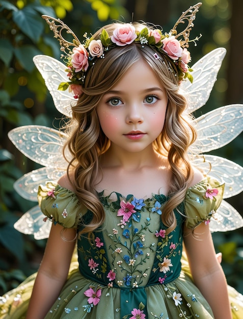 Photo a little girl with a fairy costume and a fairy in the background