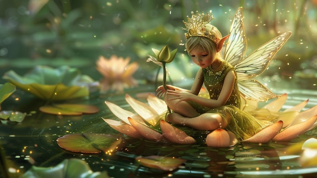 a little girl with a fairy costume sits in a pond with a flower in her hand