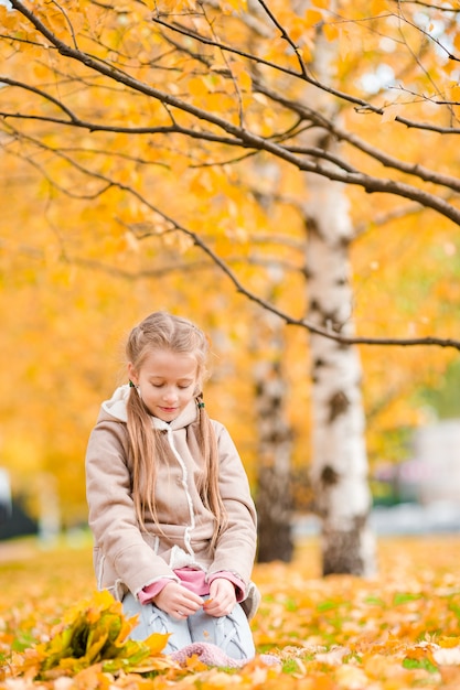 Little girl with in fall at autumn day