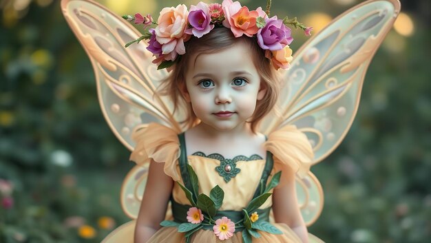 Photo a little girl with a flower crown and a butterfly on her head