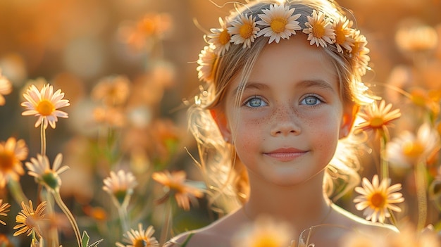 a little girl with a flower crown in the grass