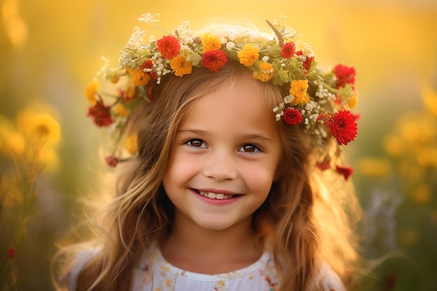 A little girl with a flower crown on her head