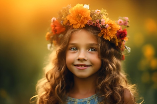 A little girl with a flower crown on her head