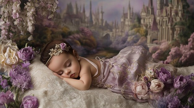 a little girl with a flower crown laying on a bed