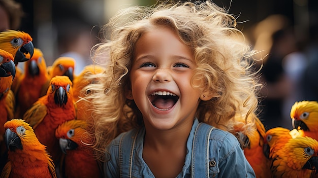 Photo a little girl with a funny expression is laughing with a stuffed animal in the background