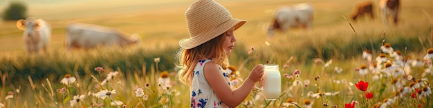 little girl with a glass of milk on the background of the field Selective focus