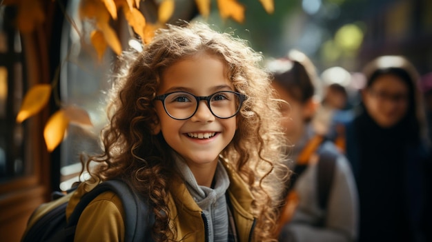 a little girl with glasses and a backpack looks at the camera.