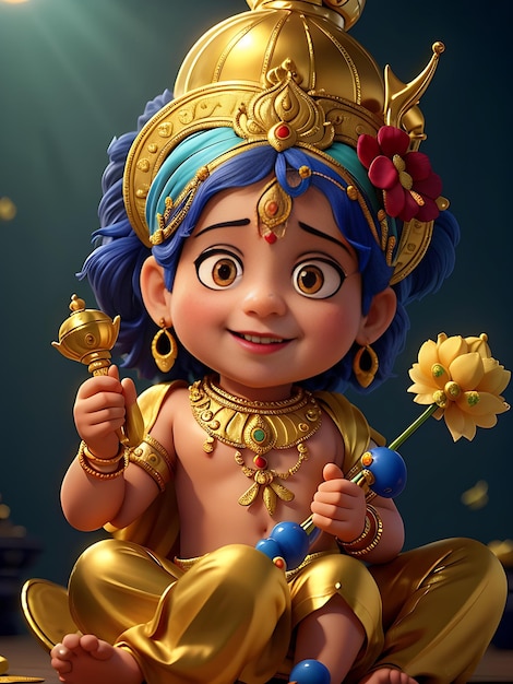 A little girl with a golden bow and gold flower in her hair Happy Janmashtami AI GENERATED