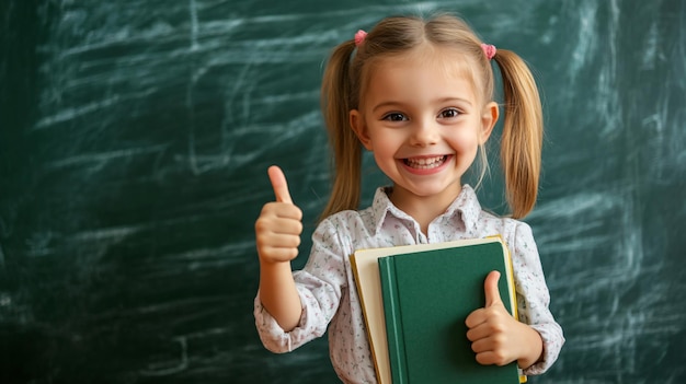 Photo a little girl with a green book in her hand is giving a thumbs up