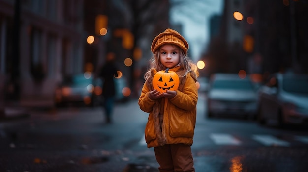 Little girl with a halloween trick or treat basket lost alone in the street ai generated