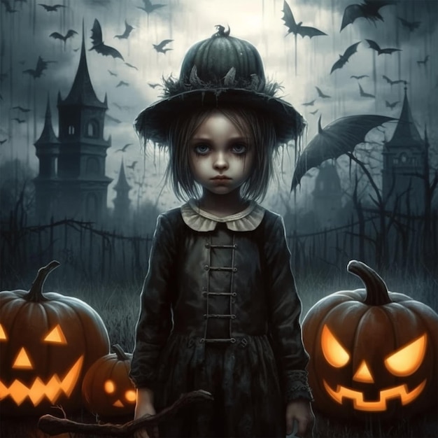 A little girl with a hat and a pumpkin with the words quot halloween quot on it