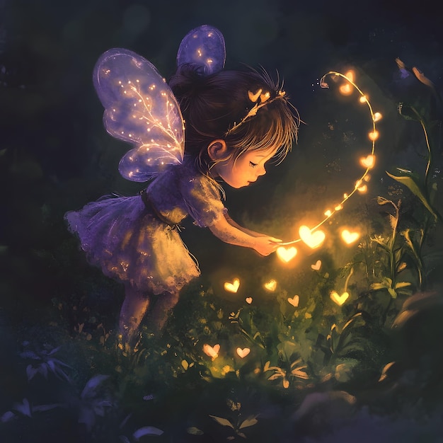 a little girl with a heart that says  fairy  on the bottom