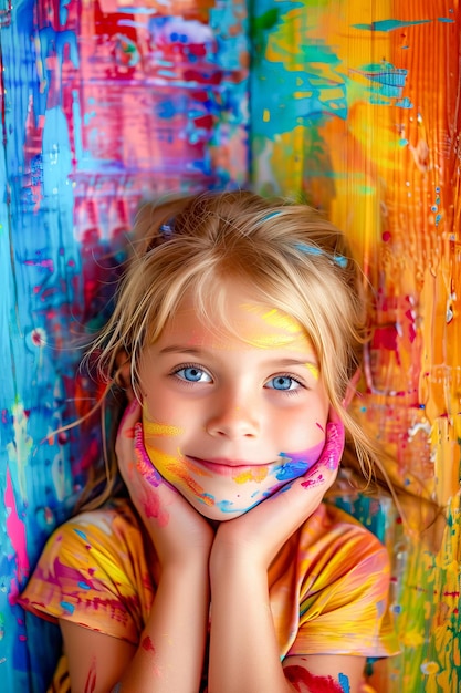 Photo little girl with her hands on her face with paint all over her face