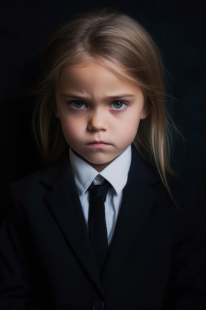 A little girl with long blonde hair wearing a suit and a tie.