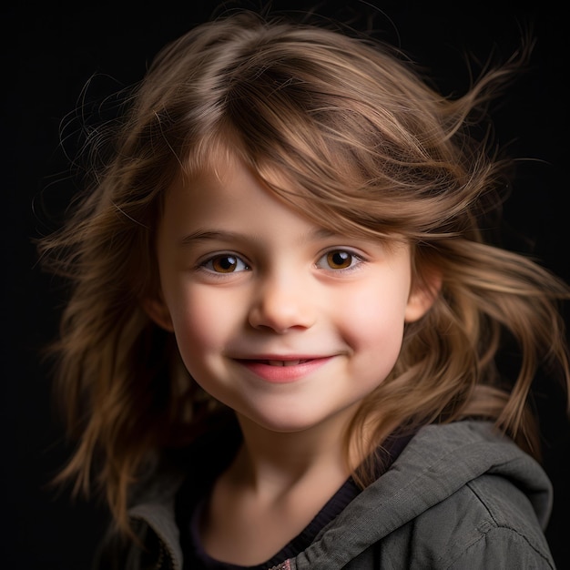 a little girl with long brown hair and a green jacket