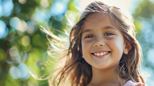 A little girl with long brown hair smiles happily outdoors