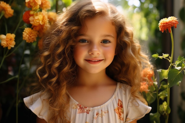 a little girl with long curly hair standing in front of orange flowers