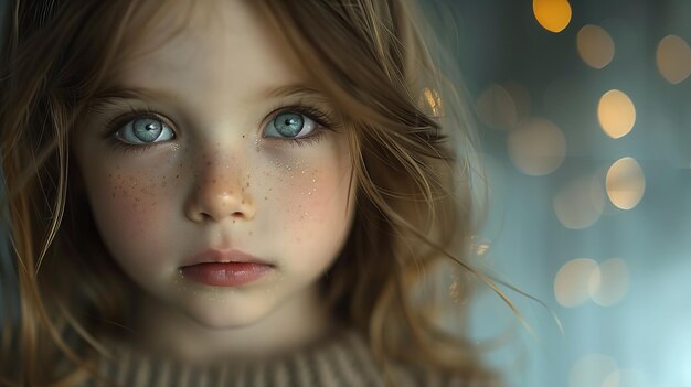 A little girl with long hair and blue eyes gazes at the camera