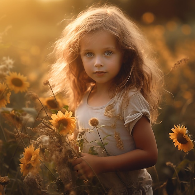 a little girl with long hair in a field of sunflowers