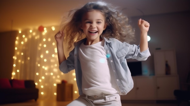 Photo a little girl with long hair is dancing in front of a christmas tree