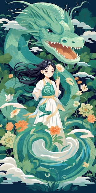 A little girl with long hair with dragon