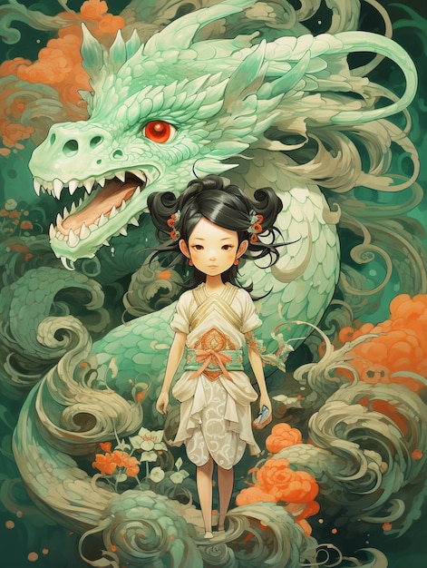 A little girl with long hair with dragon