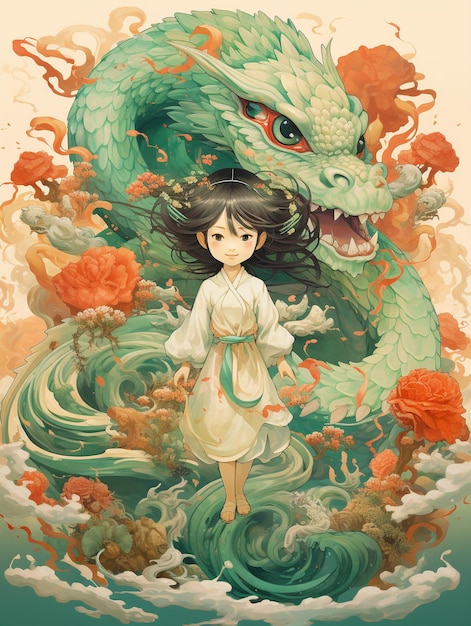 A little girl with long hair with dragon