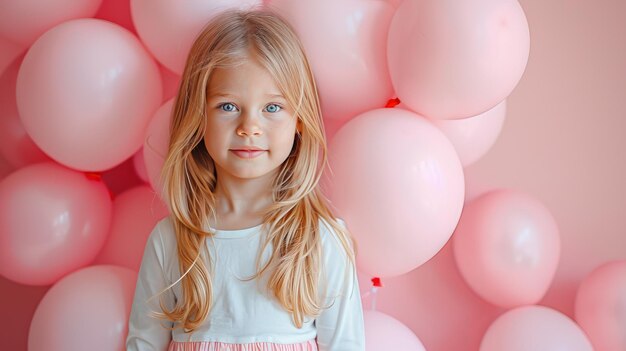 Little girl with many pink balloons on pastel pink background