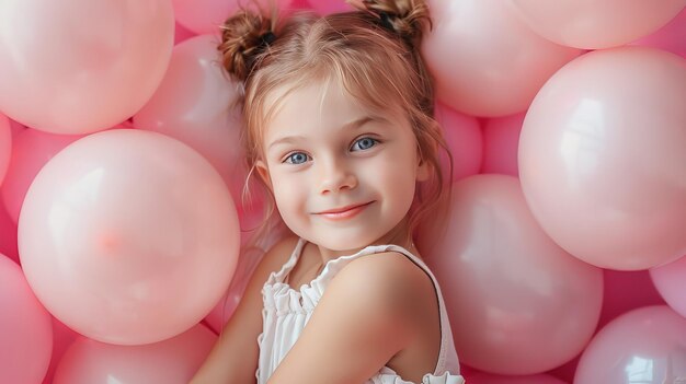 Little girl with many pink balloons on pastel pink background