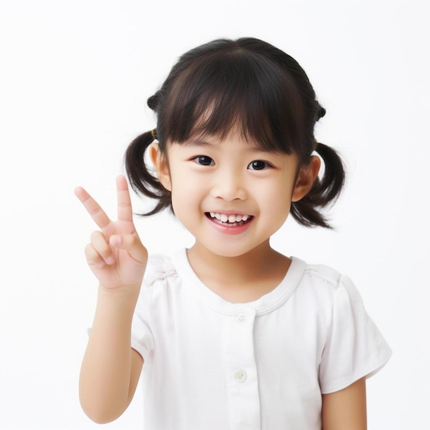 A little girl with a peace sign in the middle of her face