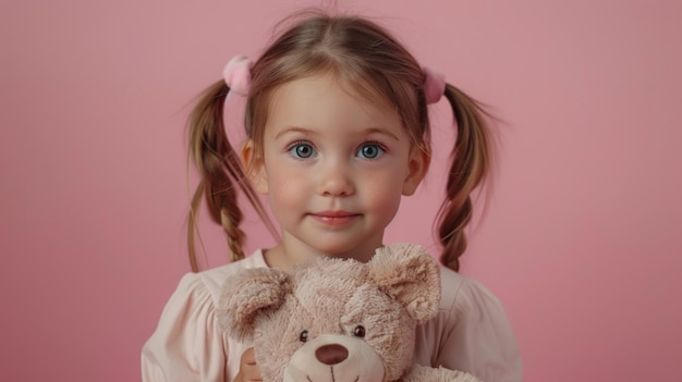 Little girl with pigtails holding teddy bear