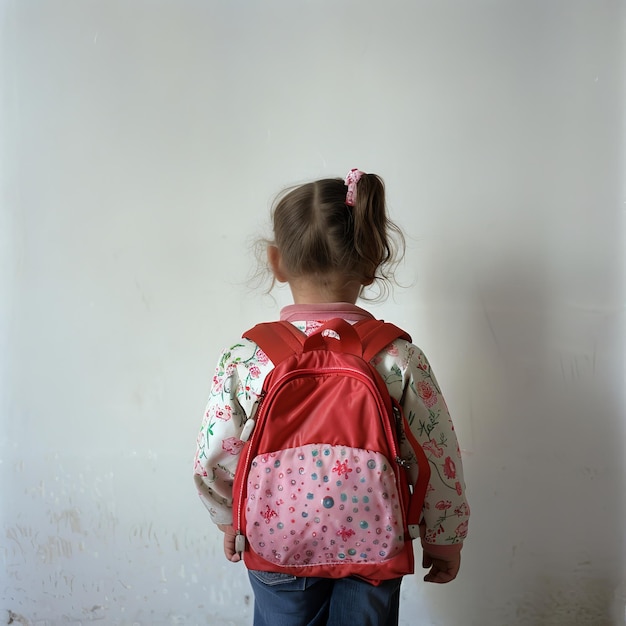 Photo a little girl with a pink backpack that says  the back