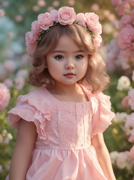 a little girl with a pink dress and a flower crown