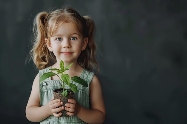 Photo little girl with plant in front view generative ai