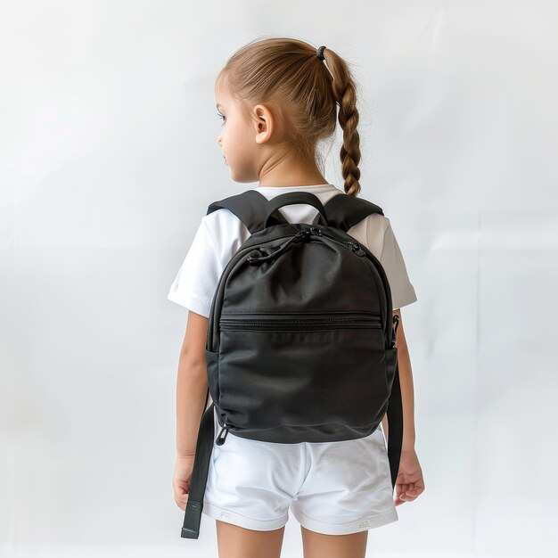 Photo a little girl with a pony tail is wearing a black backpack